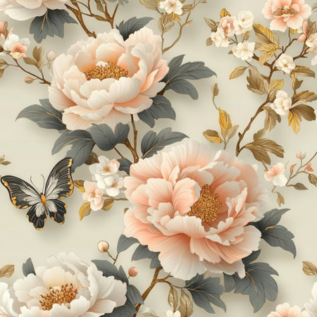 Seamless pattern with peony flowers and butterflies. Vector illustration.の素材
