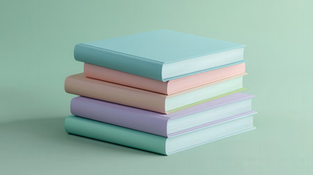 Stack of colorful books on green background. Education and back to school concept.の素材