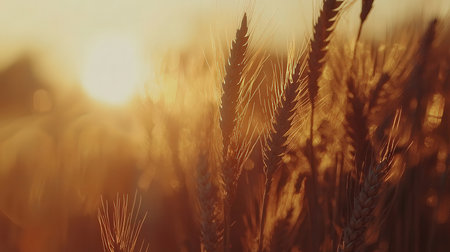 Wheat field. Ears of golden wheat close up. Beautiful Nature Sunset Landscape.の素材