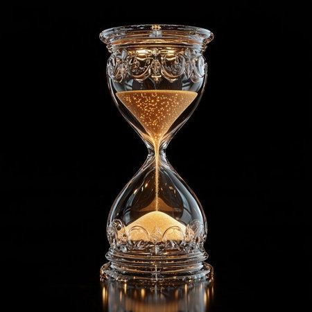 Hourglass on a black background. Sand is running through the glass.の素材