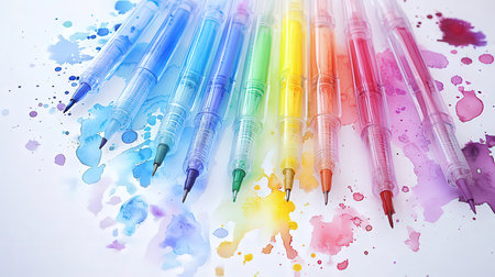 Colorful watercolor paint splashes and pens on white paper backgroundの素材