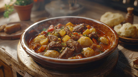 Beef stew with potatoes and carrots in a rustic style.の素材