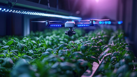 Drone flying over the seedlings in a greenhouse. Agricultural technologyの素材