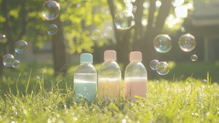 Soap bubbles on green grass in the park with bokehの素材