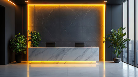 Interior of modern reception hall with black marble walls, tiled floor, white reception desk and concrete wall. 3d renderingの素材