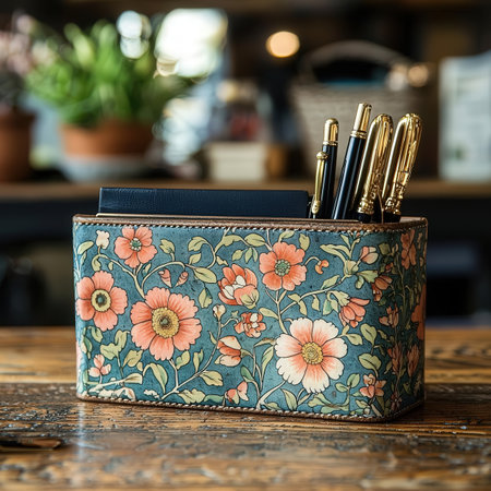 Pencil case with floral pattern on wooden table in coffee shop.の素材
