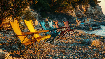 Colorful deck chairs on the beach in Montenegro at sunset.の素材
