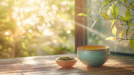 Hot green tea in a ceramic cup on a wooden table in sunlightの素材