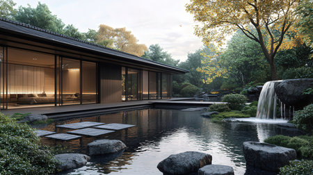 3d rendering of modern cozy house with pool and garden in chiangmai Thailandの素材