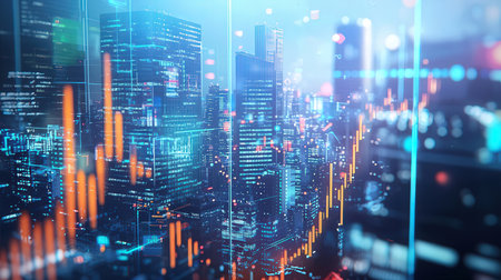 Futuristic night cityscape with glowing forex chart. 3D Renderingの素材