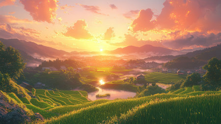 Beautiful sunset over rice terraces in Chiang Mai, Thailandの素材