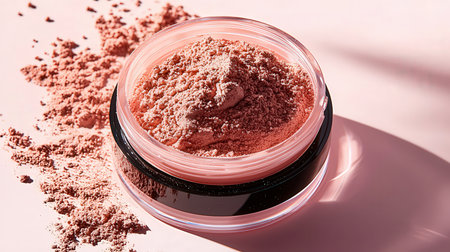 Cosmetic powder in container on pink background, closeup. Professional makeup productsの素材