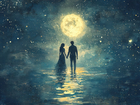 Couple in love holding hands and looking at a big full moon.の素材