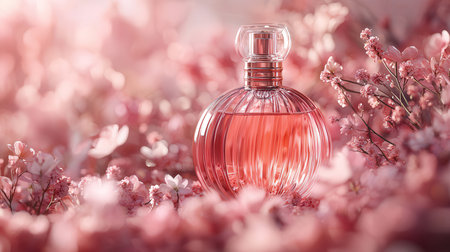 Perfume bottle on pink flowers background. Perfumery and fragrance conceptの素材