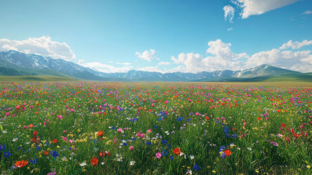 Beautiful spring meadow with colorful flowers and mountains in the backgroundの素材
