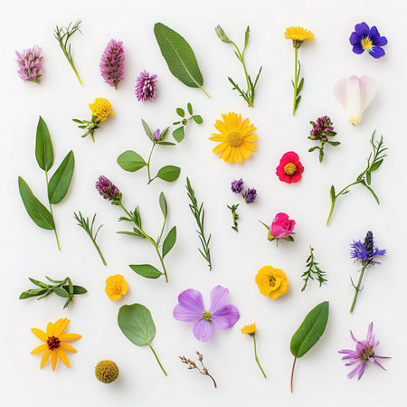 Flowers composition. Flat lay, top view. Floral background.の素材