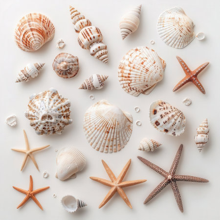Seashells and starfish on white background. Flat lay, top viewの素材
