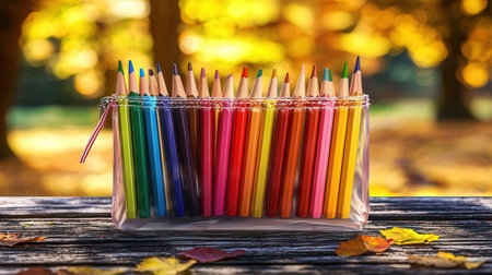 Colorful pencils in a glass jar on a wooden table in autumn parkの素材