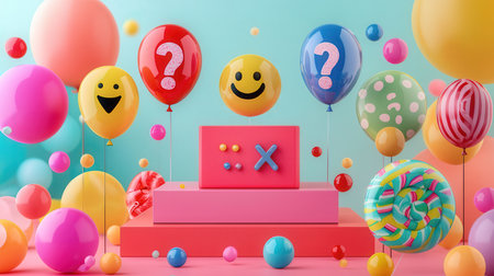 3d render of happy birthday cake with balloons and candy on pastel backgroundの素材