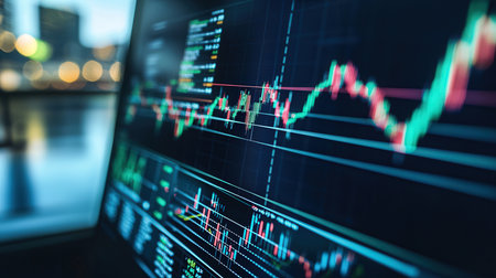 Stock market or forex trading graph and candlestick chart suitable for financial investment concept. Economic trends background for business idea and all art work design. Abstract finance background.の素材