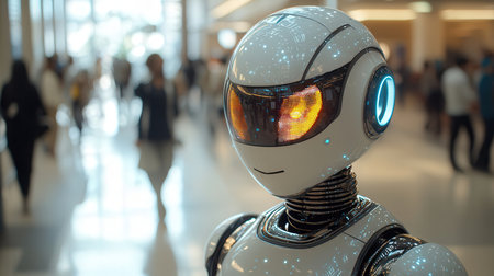 3d rendering humanoid robot in a hall of a modern shopping mallの素材