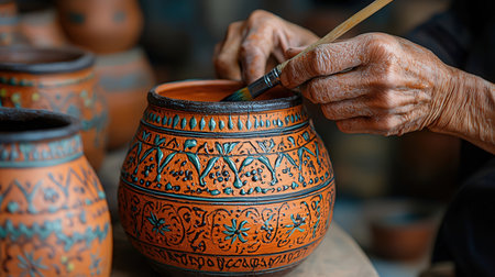 Pottery, crafts and handicrafts concept - close up of a potter's hands working on clay potteryの素材