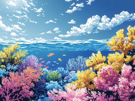 Underwater landscape with corals and tropical fish. Vector illustration.の素材