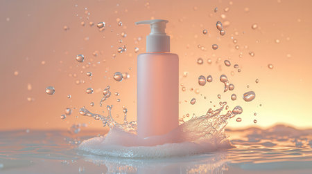 3d render of cosmetic bottle with splash and water on orange backgroundの素材