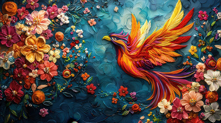 Colorful bird with flowers on blue background. Colorful painting.の素材