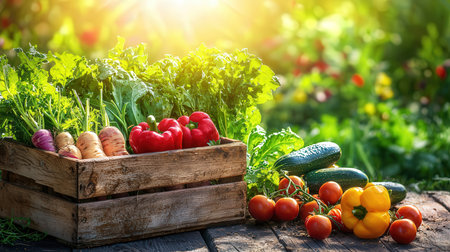Fresh vegetables in a wooden box on a table in the garden.の素材