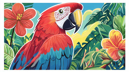 Parrot on the background of tropical plants and flowers. Vector illustrationの素材