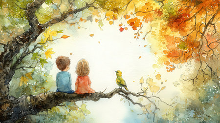 Children sitting on a tree branch in the autumn forest. Watercolor painting.の素材