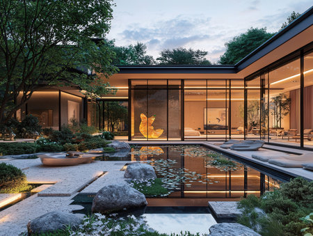 3d rendering of modern cozy house with pool and parking for sale or rent with beautiful landscaping.の素材