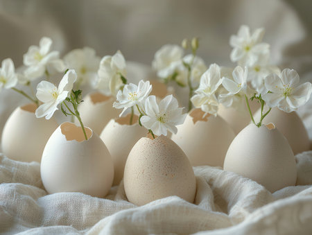 Easter eggs with white flowers on a light background. Toned.の素材