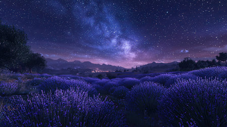 Lavender field at night with starry sky and milky wayの素材