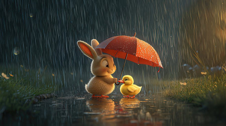 Easter bunny and duckling in the rain. 3d renderingの素材