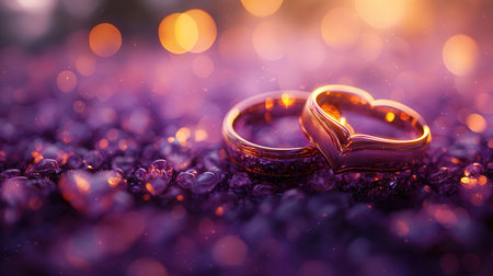 Wedding rings on a background of purple stones and bokehの素材