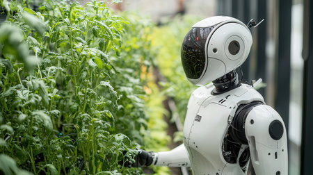Robot in a greenhouse with tomato seedlings, close-upの素材