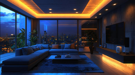 Interior of modern living room with night city view 3D renderingの素材
