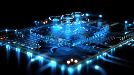 Circuit board with glasses on a black background. 3d renderingの素材
