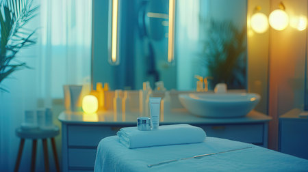 Cosmetic products on table in modern bathroom. Skin care concept.の素材