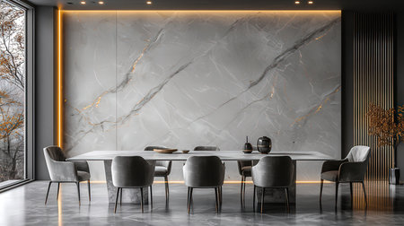 Interior of modern dining room with gray marble walls, concrete floor, gray round table with gray armchairs and round dining table with chairs. 3d renderingの素材