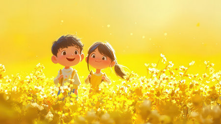 cute little boy and girl in the yellow flower field at sunsetの素材
