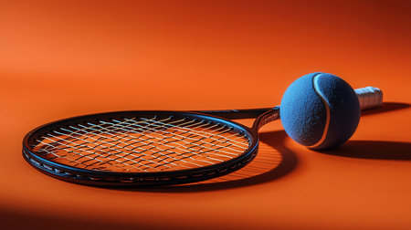 Tennis racket and ball on orange background, close-up.の素材