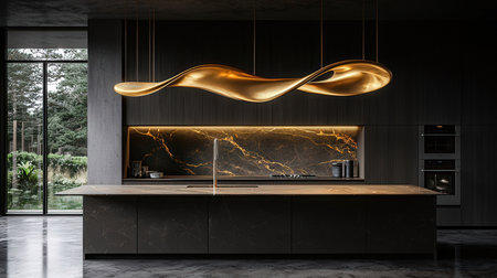 Interior of modern kitchen with black and wooden walls, concrete floor, gray countertops with built in sink and cooker. 3d renderingの素材