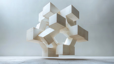 3d render, abstract geometric shape made of wooden cubes, low angle viewの素材