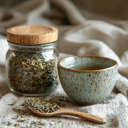 Cup of green tea with dried herbs and wooden spoon on linen tablecloth.の素材