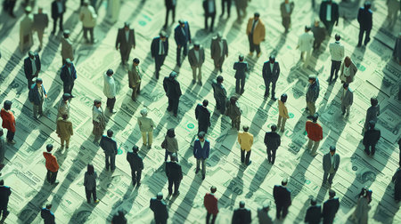 Business People Crowd Standing in a Row with Dollar Bills as a Backgroundの素材