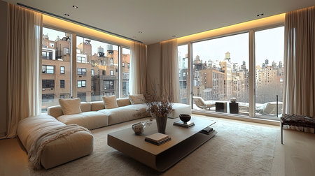 Interior of a living room with a panoramic view of New Yorkの素材