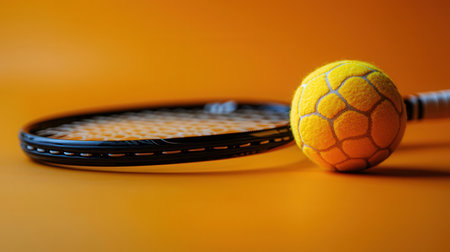 Tennis racket and ball on a yellow background. Close-up.の素材